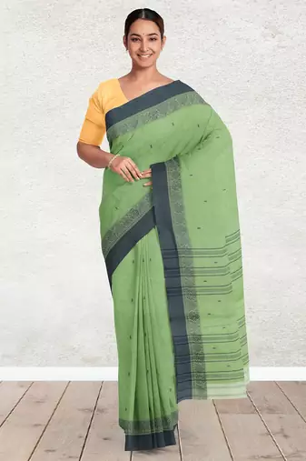 Moss/pista green & charcoal grey bengal tant saree without blouse