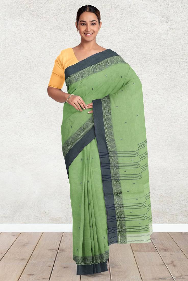 Moss/pista green & charcoal grey bengal tant saree without blouse