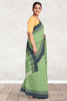 Moss/pista green & charcoal grey bengal tant saree without blouse 2