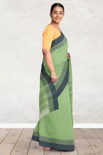 Moss/pista green & charcoal grey bengal tant saree without blouse