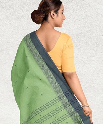 Moss/pista green & charcoal grey bengal tant saree without blouse 3