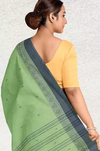 Moss/pista green & charcoal grey bengal tant saree without blouse