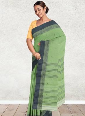 Moss/pista green & charcoal grey bengal tant saree without blouse 4