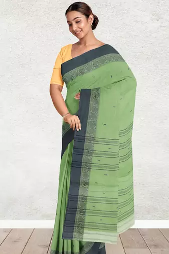 Moss/pista green & charcoal grey bengal tant saree without blouse