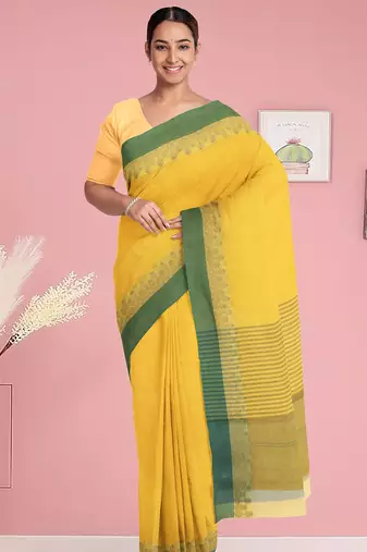 Lemon yellow & leaf green bengal tant saree without blouse
