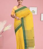 Lemon yellow & leaf green bengal tant saree without blouse