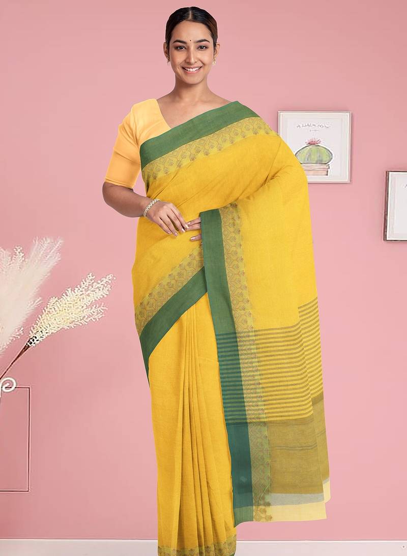 Lemon yellow & leaf green bengal tant saree without blouse