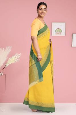 Lemon yellow & leaf green bengal tant saree without blouse 2