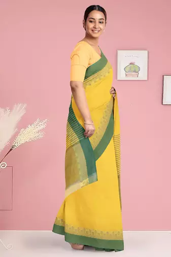 Lemon yellow & leaf green bengal tant saree without blouse