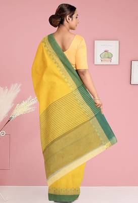Lemon yellow & leaf green bengal tant saree without blouse 3