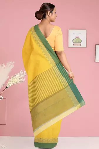Lemon yellow & leaf green bengal tant saree without blouse