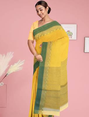 Lemon yellow & leaf green bengal tant saree without blouse 4