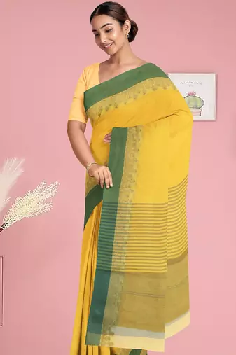 Lemon yellow & leaf green bengal tant saree without blouse