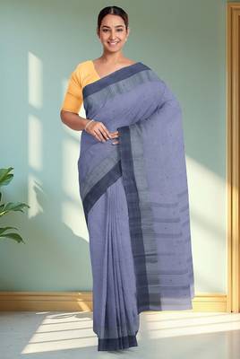 Lavender blue & slate blue bengal tant saree without blouse 1