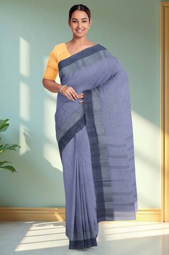 Lavender blue & slate blue bengal tant saree without blouse
