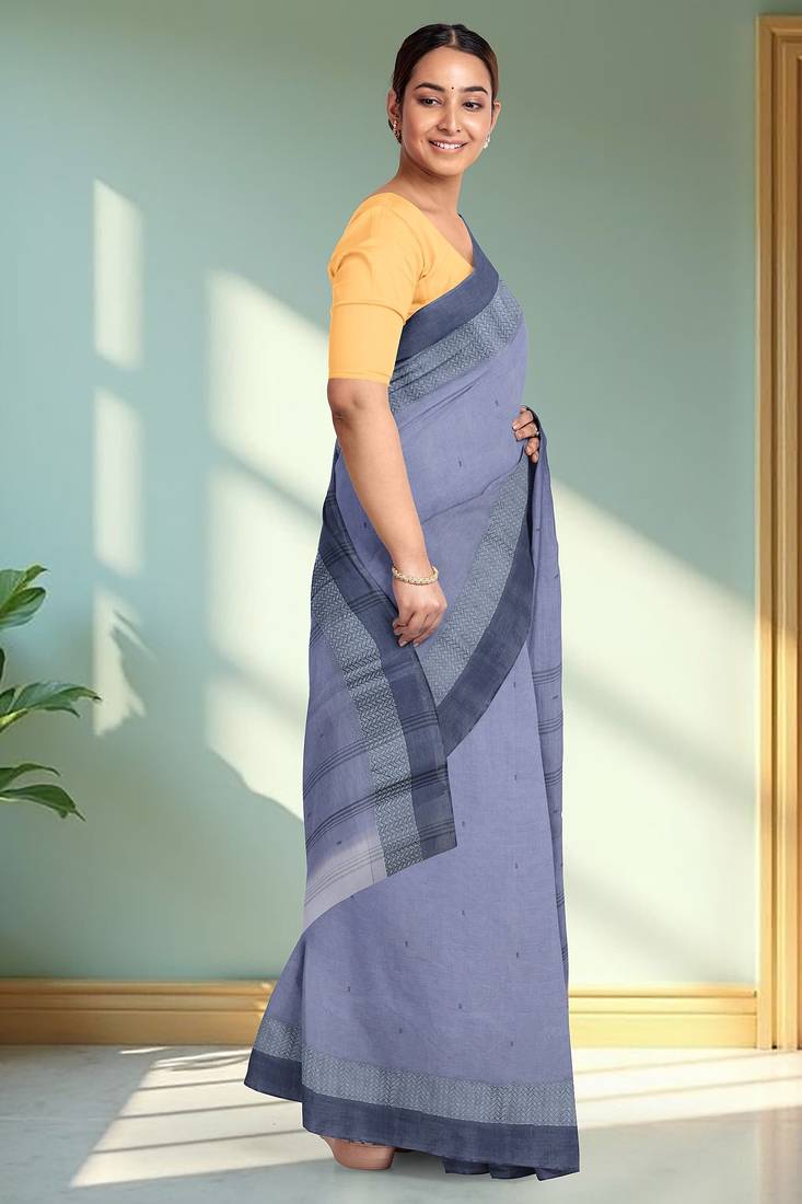 Lavender blue & slate blue bengal tant saree without blouse