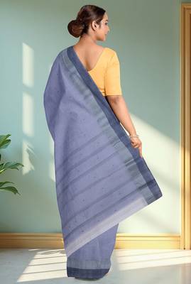 Lavender blue & slate blue bengal tant saree without blouse 3