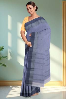 Lavender blue & slate blue bengal tant saree without blouse 4
