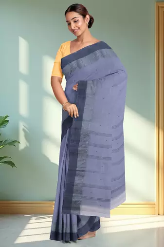 Lavender blue & slate blue bengal tant saree without blouse