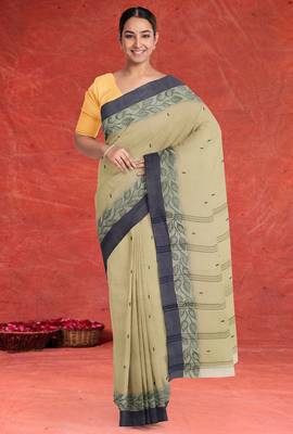 Natural sand brown & slate grey bengal tant saree without blouse 1