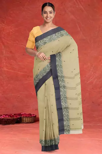 Natural sand brown & slate grey bengal tant saree without blouse