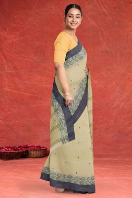 Natural sand brown & slate grey bengal tant saree without blouse 2