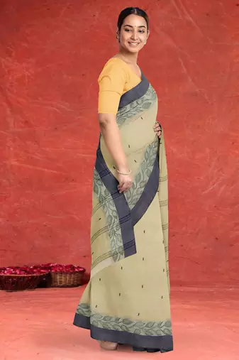 Natural sand brown & slate grey bengal tant saree without blouse