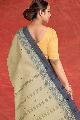 Natural sand brown & slate grey bengal tant saree without blouse