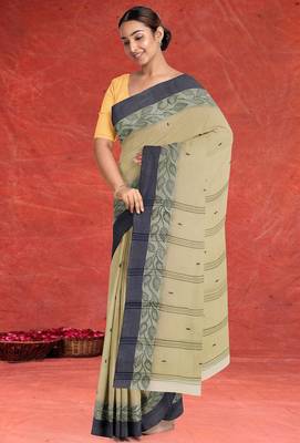 Natural sand brown & slate grey bengal tant saree without blouse 4