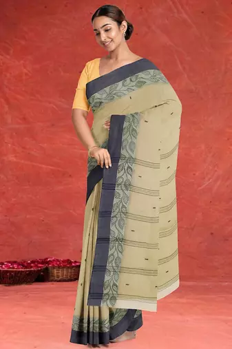 Natural sand brown & slate grey bengal tant saree without blouse