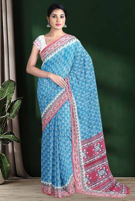 Sky blue & coral pink south cotton saree with running blouse 1
