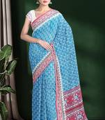 Sky blue & coral pink south cotton saree with running blouse