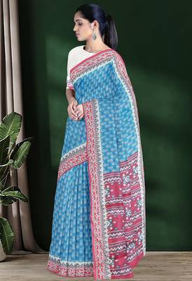 Sky blue & coral pink south cotton saree with running blouse 2