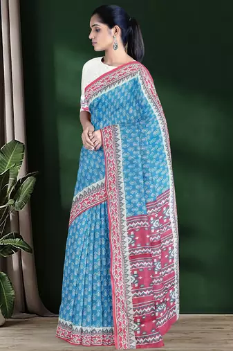 Sky blue & coral pink south cotton saree with running blouse