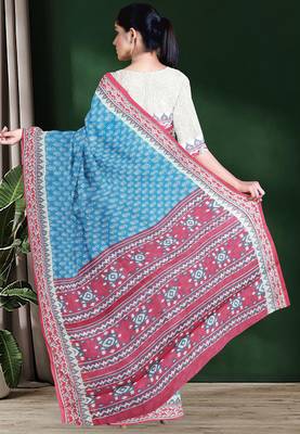 Sky blue & coral pink south cotton saree with running blouse 3