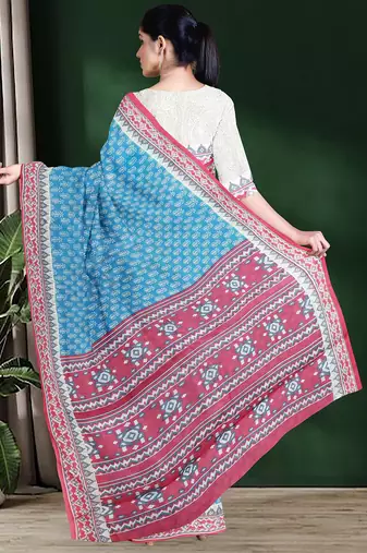 Sky blue & coral pink south cotton saree with running blouse