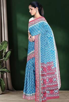 Sky blue & coral pink south cotton saree with running blouse 4