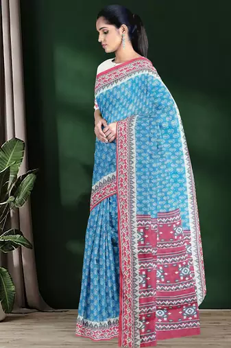 Sky blue & coral pink south cotton saree with running blouse
