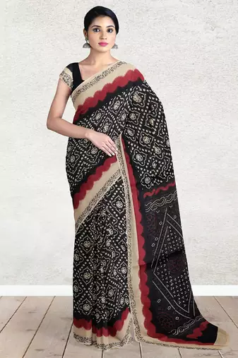 Raven black & natural sand brown south cotton saree with running blouse