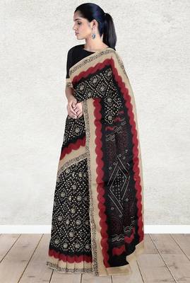 Raven black & natural sand brown south cotton saree with running blouse 2