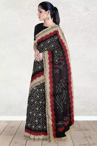 Raven black & natural sand brown south cotton saree with running blouse