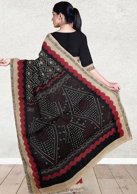 Raven black & natural sand brown south cotton saree with running blouse 3