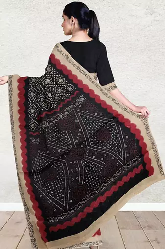 Raven black & natural sand brown south cotton saree with running blouse