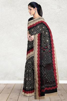Raven black & natural sand brown south cotton saree with running blouse 4