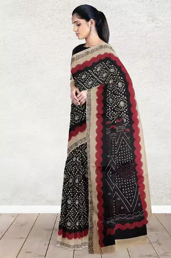Raven black & natural sand brown south cotton saree with running blouse