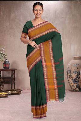 Forest emerald green & mustard brown chettinad cotton saree with running blouse 1