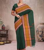 Forest emerald green & mustard brown chettinad cotton saree with running blouse