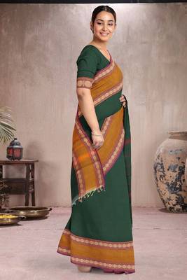 Forest emerald green & mustard brown chettinad cotton saree with running blouse 2