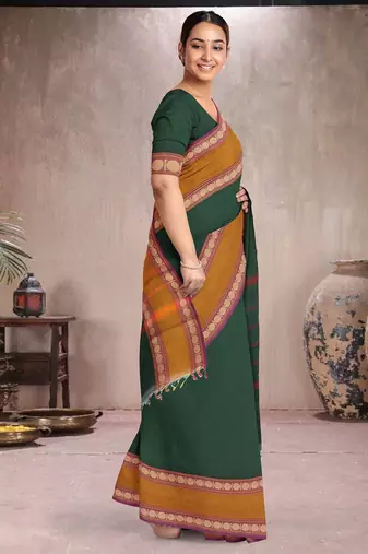 Forest emerald green & mustard brown chettinad cotton saree with running blouse