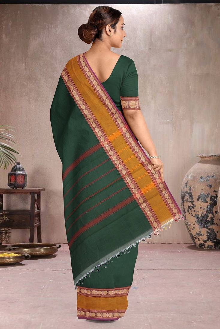 Forest emerald green & mustard brown chettinad cotton saree with running blouse